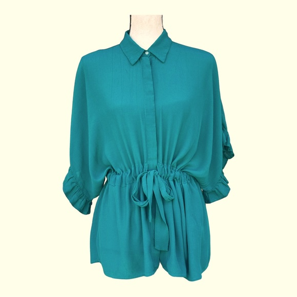 Zara Button Front Shirt Womens Small Tie Around Waist Ruffle Trim Green Loose‎ - Picture 1 of 13